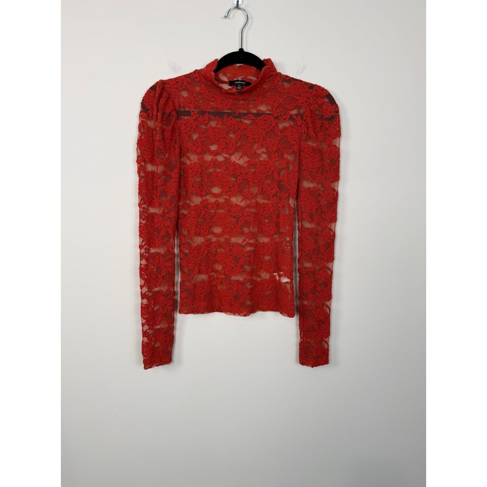 Ambiance Small Burnt Orange Sheer Floral Lace Mock‑Neck Long Sleeve Whimsgoth
